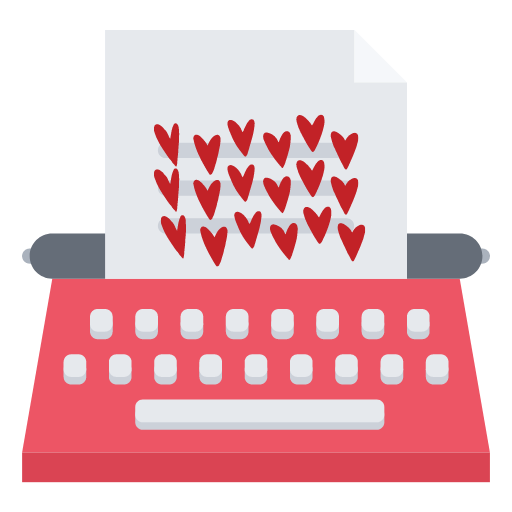 graphic of a red typewriter with hearts instead of letters on the typed page