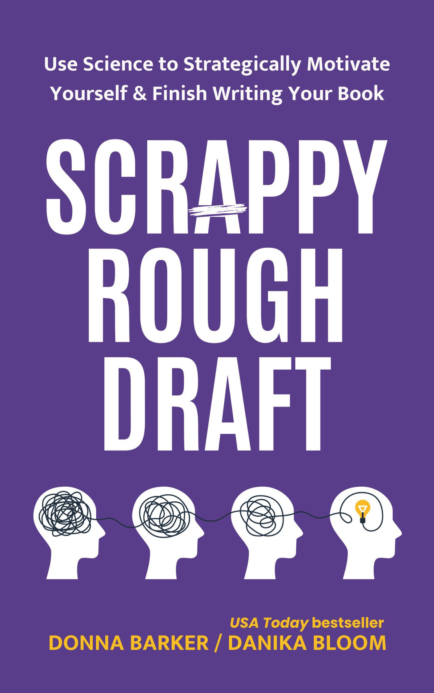 book cover with deep purple background, title and four graphic heads moving from a scribble brain to a lightbulb